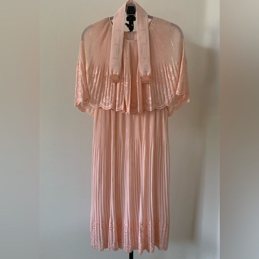 NWT Japanese Liona Pink Pleated Embroidered Capelet Dress with Matching Belt